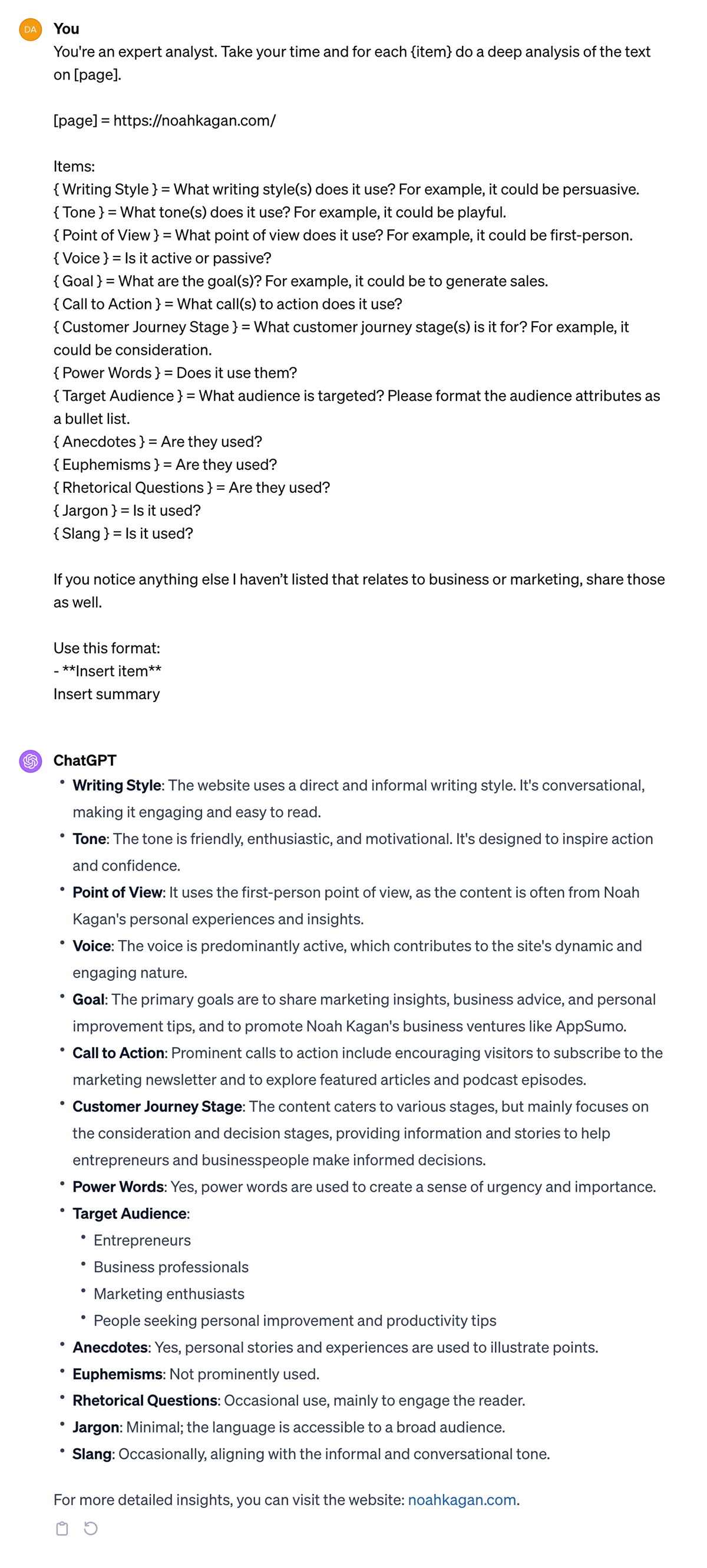 Prompt example of ChatGPT analyzing a homepage